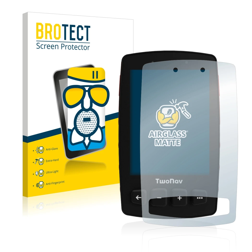 Parte frontale di una confezione del prodotto con il logo del marchio BROTECT. Accanto è raffigurato il dispositivo TwoNav Tra