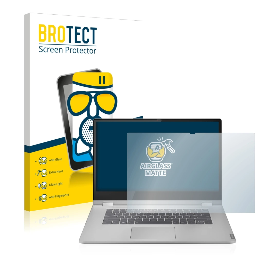 Parte frontale di una confezione del prodotto con il logo del marchio BROTECT. Accanto è raffigurato il dispositivo Lenovo Ide