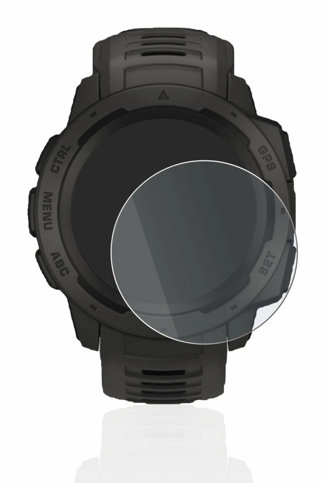 Immagine del dispositivo Garmin Instinct Solar con un'ampia varietà di protezioni per lo schermo.