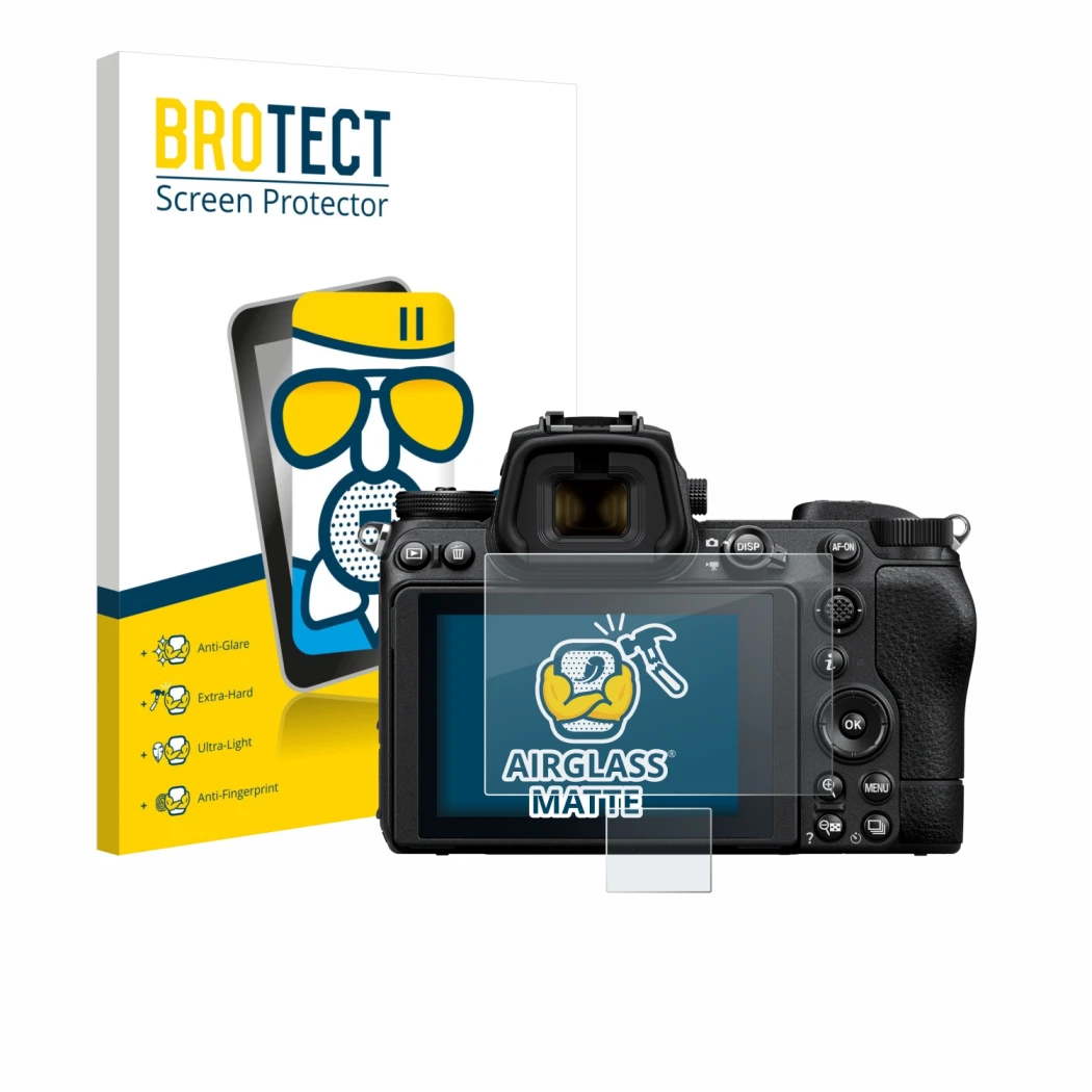 Parte frontale di una confezione del prodotto con il logo del marchio BROTECT. Accanto è raffigurato il dispositivo Nikon Z 6 