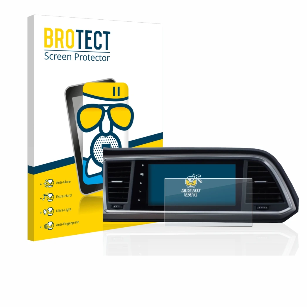 Parte frontale di una confezione del prodotto con il logo del marchio BROTECT. Accanto è raffigurato il dispositivo Seat Ateca