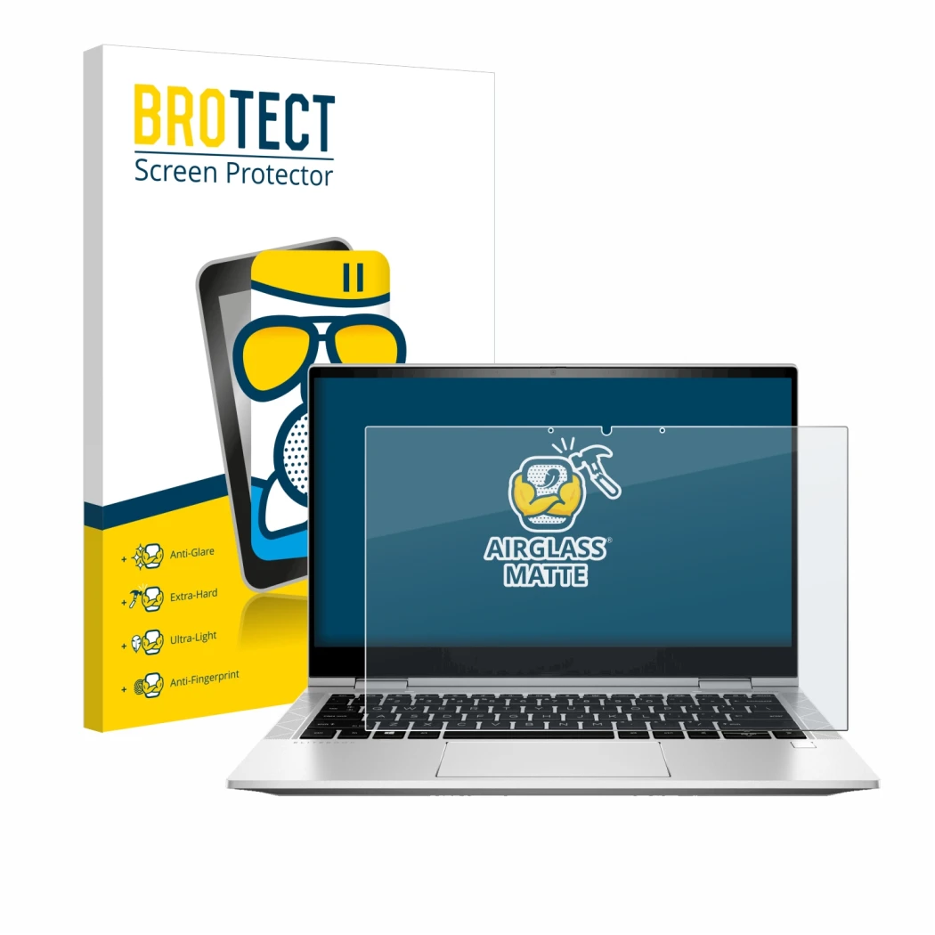 Parte frontale di una confezione del prodotto con il logo del marchio BROTECT. Accanto è raffigurato il dispositivo HP EliteBo