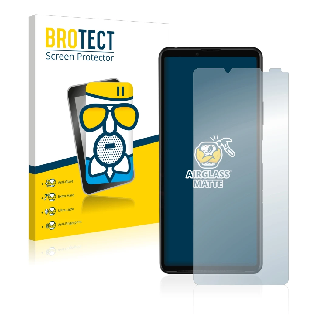 Parte frontale di una confezione del prodotto con il logo del marchio BROTECT. Accanto è raffigurato il dispositivo Sony Xperi