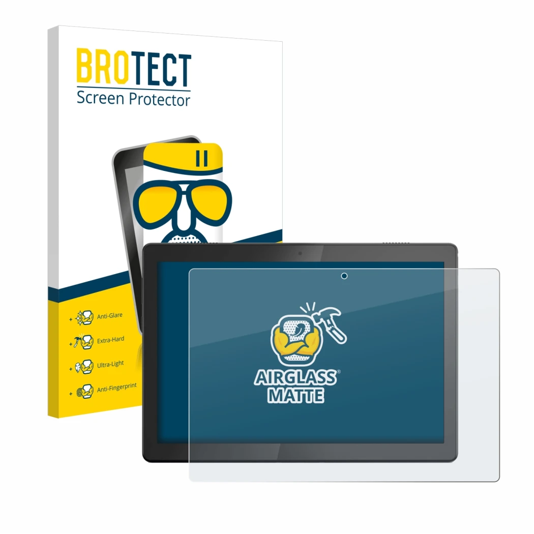 Parte frontale di una confezione del prodotto con il logo del marchio BROTECT. Accanto è raffigurato il dispositivo Lenovo Tab