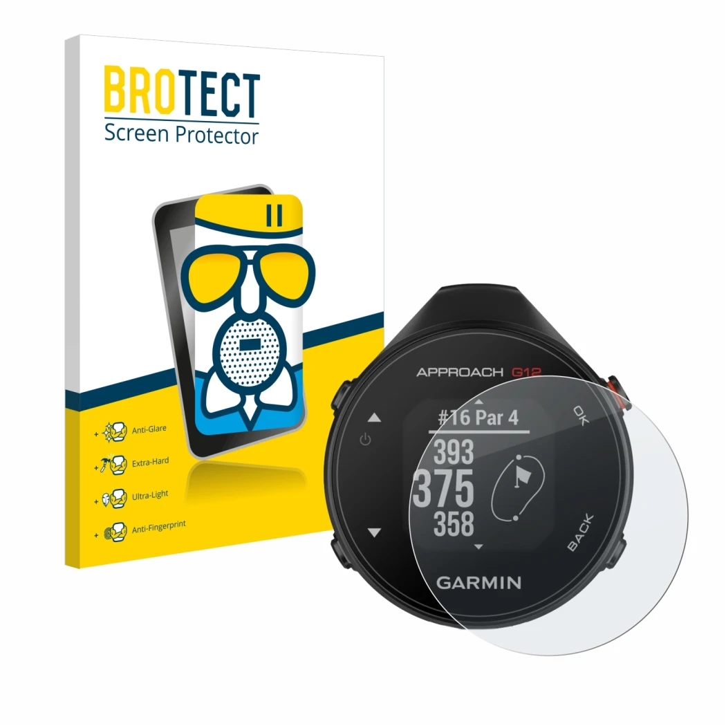 Parte frontale di una confezione del prodotto con il logo del marchio BROTECT. Accanto è raffigurato il dispositivo Garmin App
