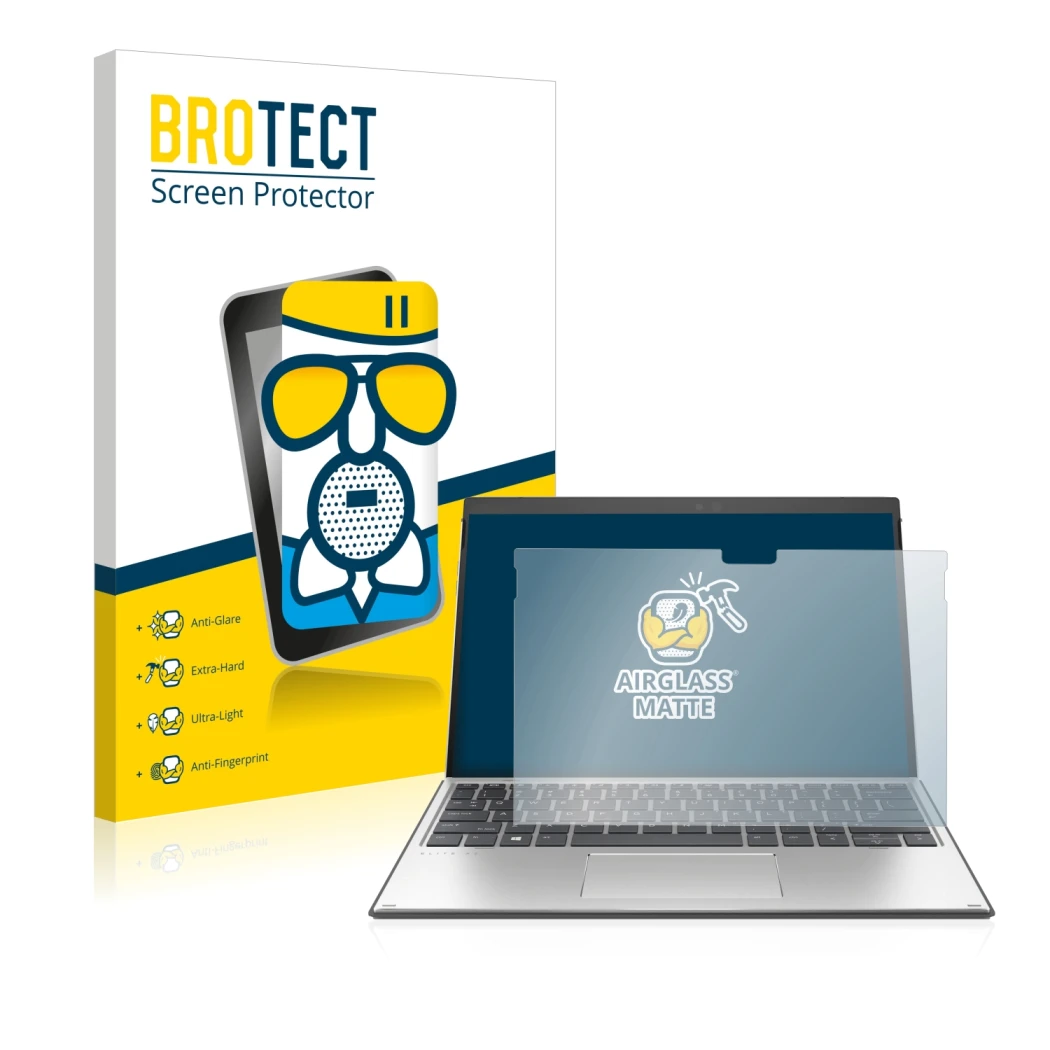 Parte frontale di una confezione del prodotto con il logo del marchio BROTECT. Accanto è raffigurato il dispositivo HP Elite x