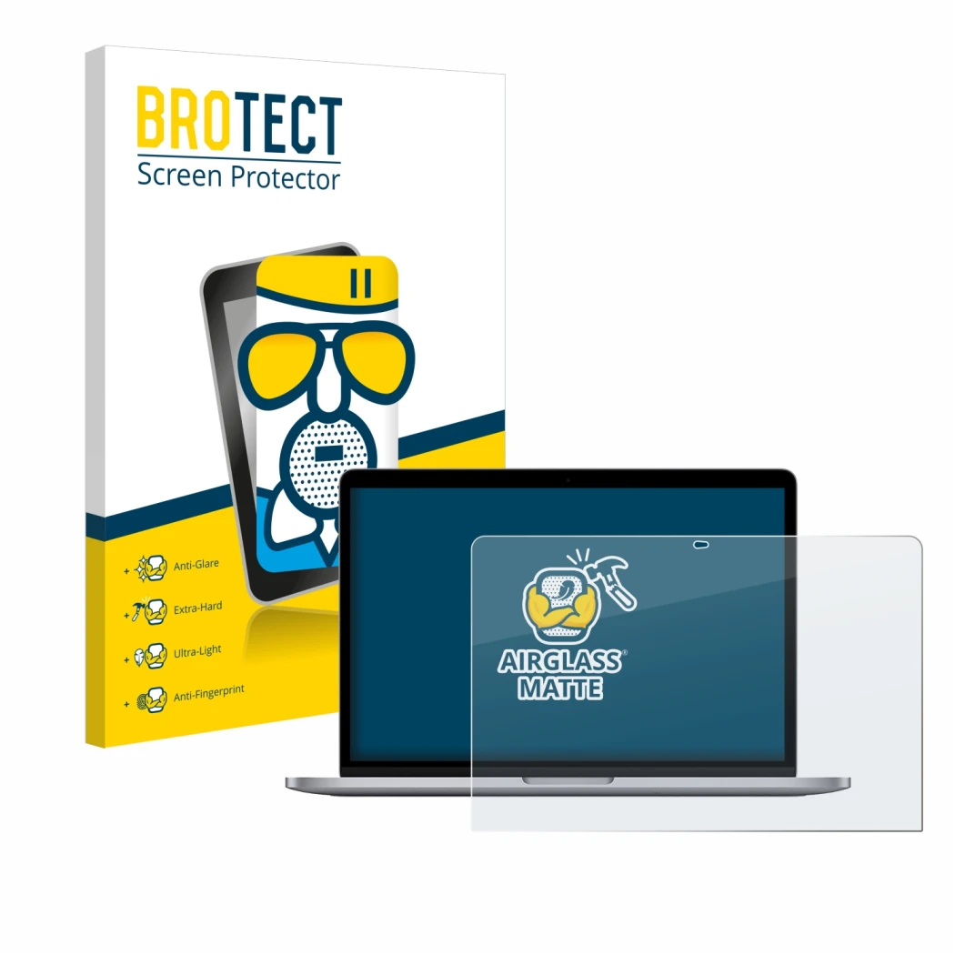 Parte frontale di una confezione del prodotto con il logo del marchio BROTECT. Accanto è raffigurato il dispositivo Apple MacB