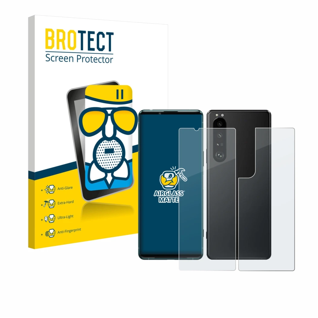 Parte frontale di una confezione del prodotto con il logo del marchio BROTECT. Accanto è raffigurato il dispositivo Sony Xperi