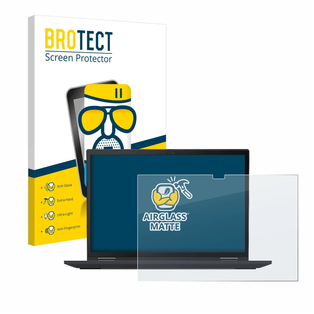 Parte frontale di una confezione del prodotto con il logo del marchio BROTECT. Accanto è raffigurato il dispositivo Lenovo Thi