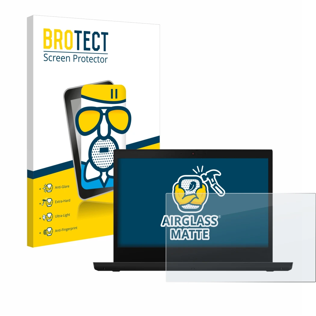 Parte frontale di una confezione del prodotto con il logo del marchio BROTECT. Accanto è raffigurato il dispositivo Lenovo Thi