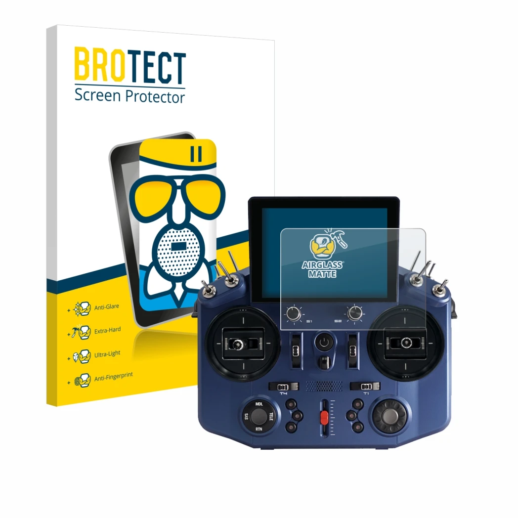 Parte frontale di una confezione del prodotto con il logo del marchio BROTECT. Accanto è raffigurato il dispositivo FrSky Tand