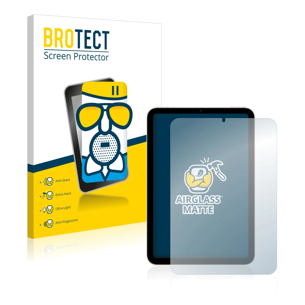 Parte frontale di una confezione del prodotto con il logo del marchio BROTECT. Accanto è raffigurato il dispositivo Apple iPad