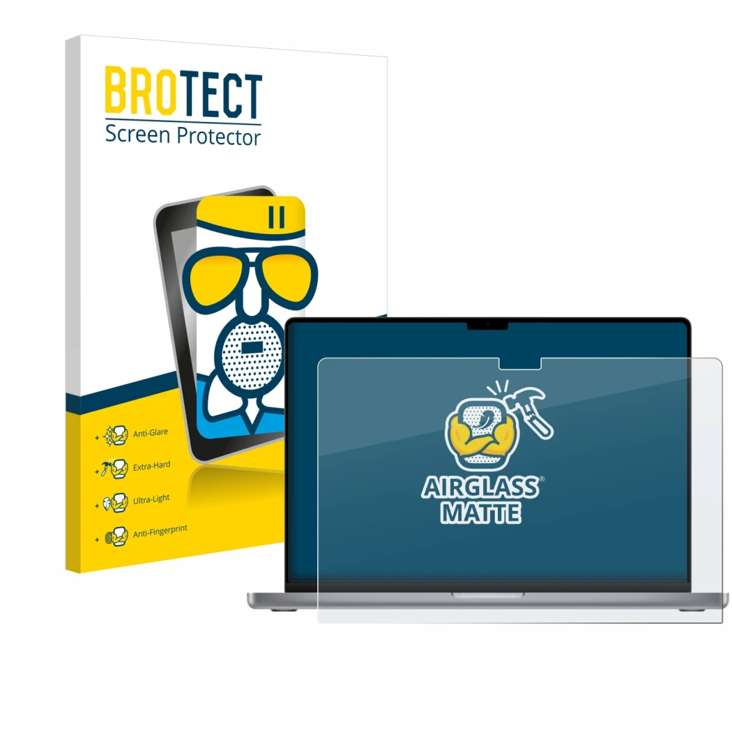 Parte frontale di una confezione del prodotto con il logo del marchio BROTECT. Accanto è raffigurato il dispositivo Apple MacB