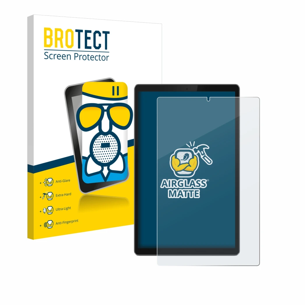 Parte frontale di una confezione del prodotto con il logo del marchio BROTECT. Accanto è raffigurato il dispositivo Lenovo Tab