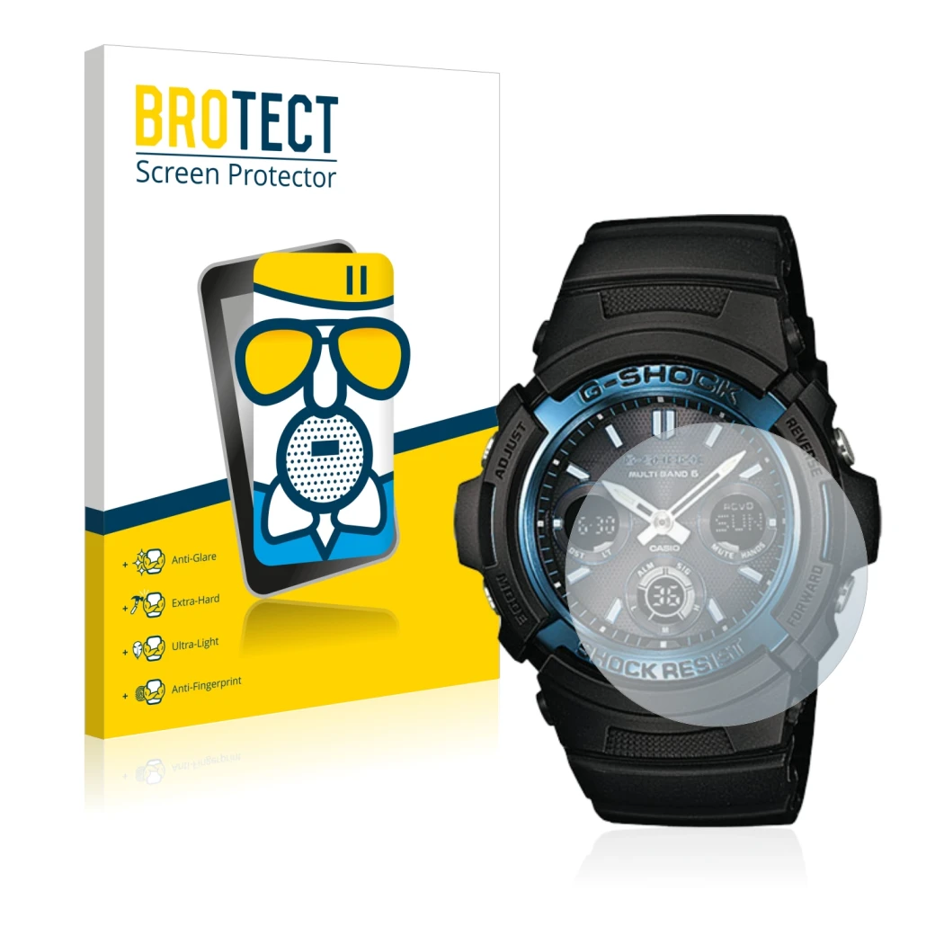 Parte frontale di una confezione del prodotto con il logo del marchio BROTECT. Accanto è raffigurato il dispositivo Casio AWG 