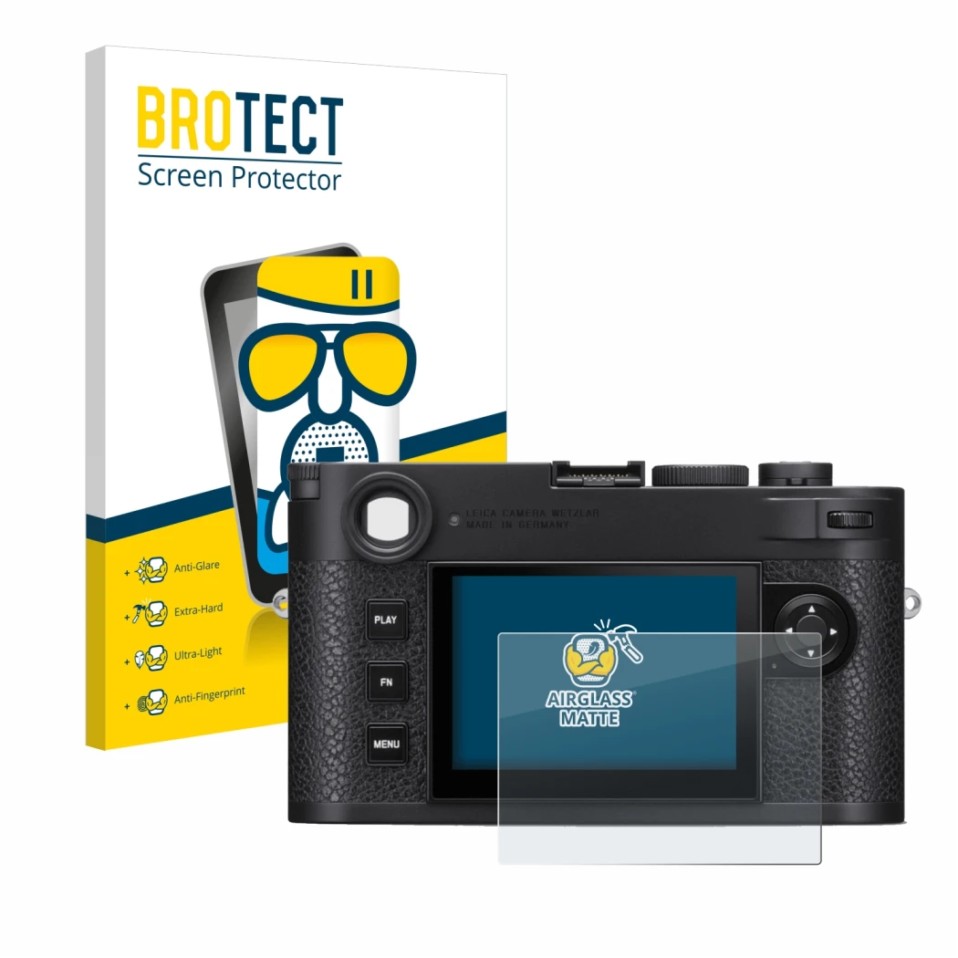 Parte frontale di una confezione del prodotto con il logo del marchio BROTECT. Accanto è raffigurato il dispositivo Leica M11 