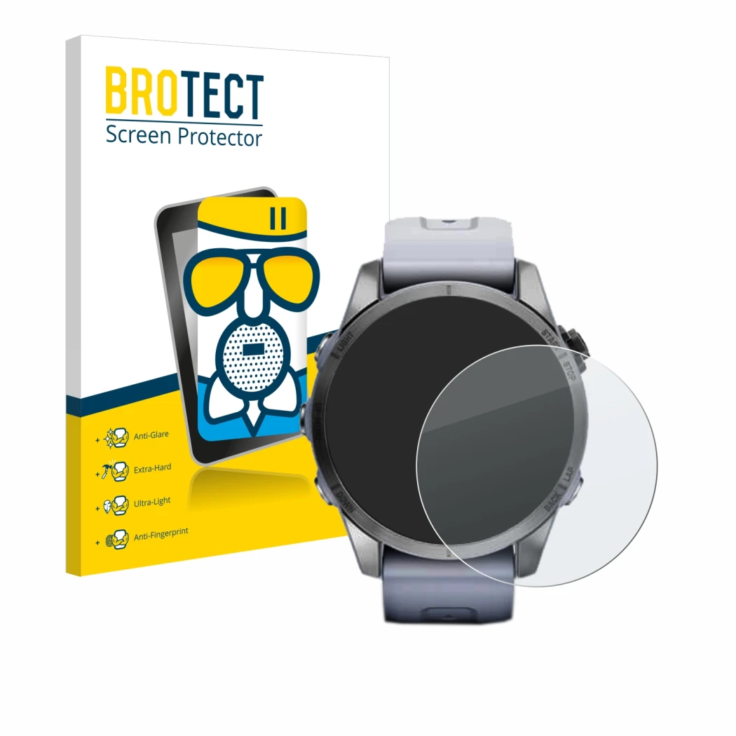 Parte frontale di una confezione del prodotto con il logo del marchio BROTECT. Accanto è raffigurato il dispositivo Garmin Fen