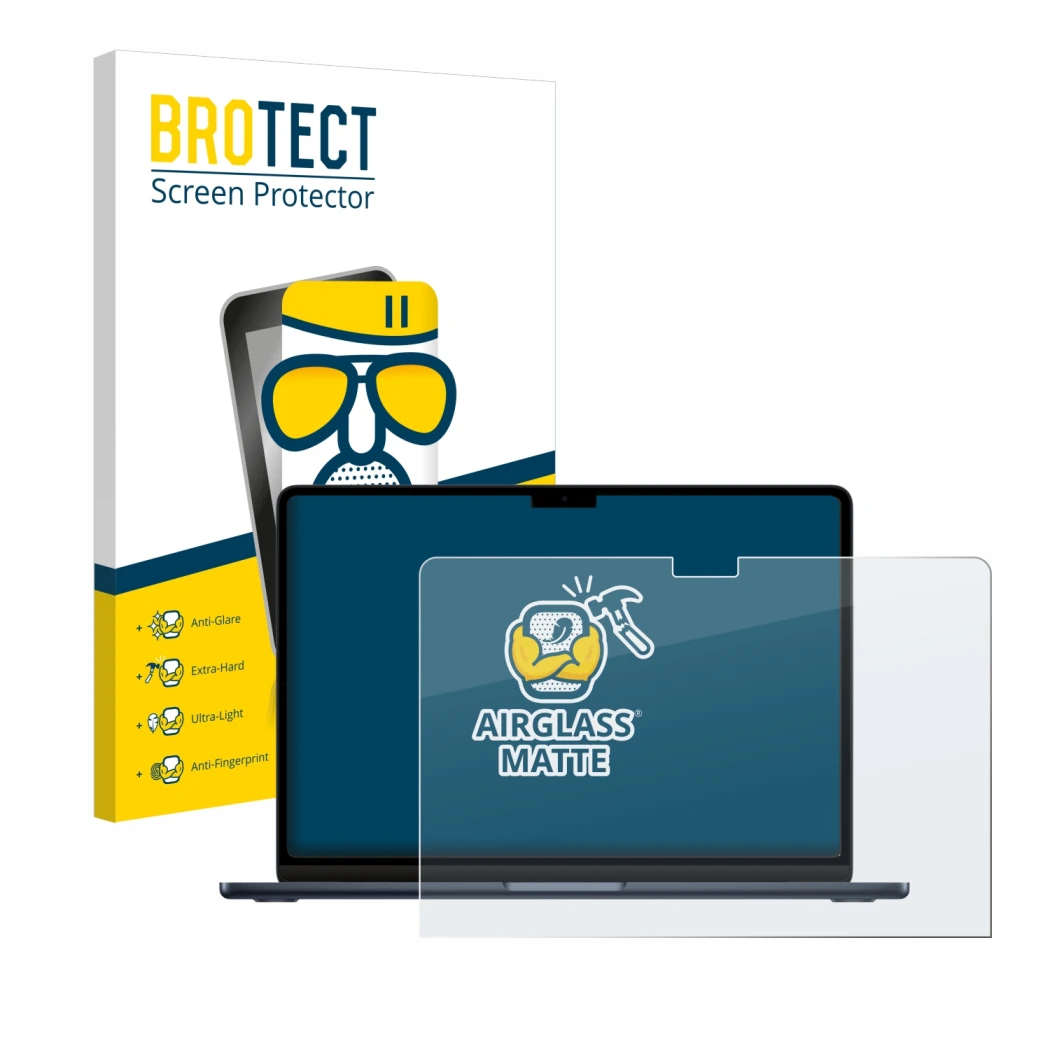 Parte frontale di una confezione del prodotto con il logo del marchio BROTECT. Accanto è raffigurato il dispositivo Apple MacB