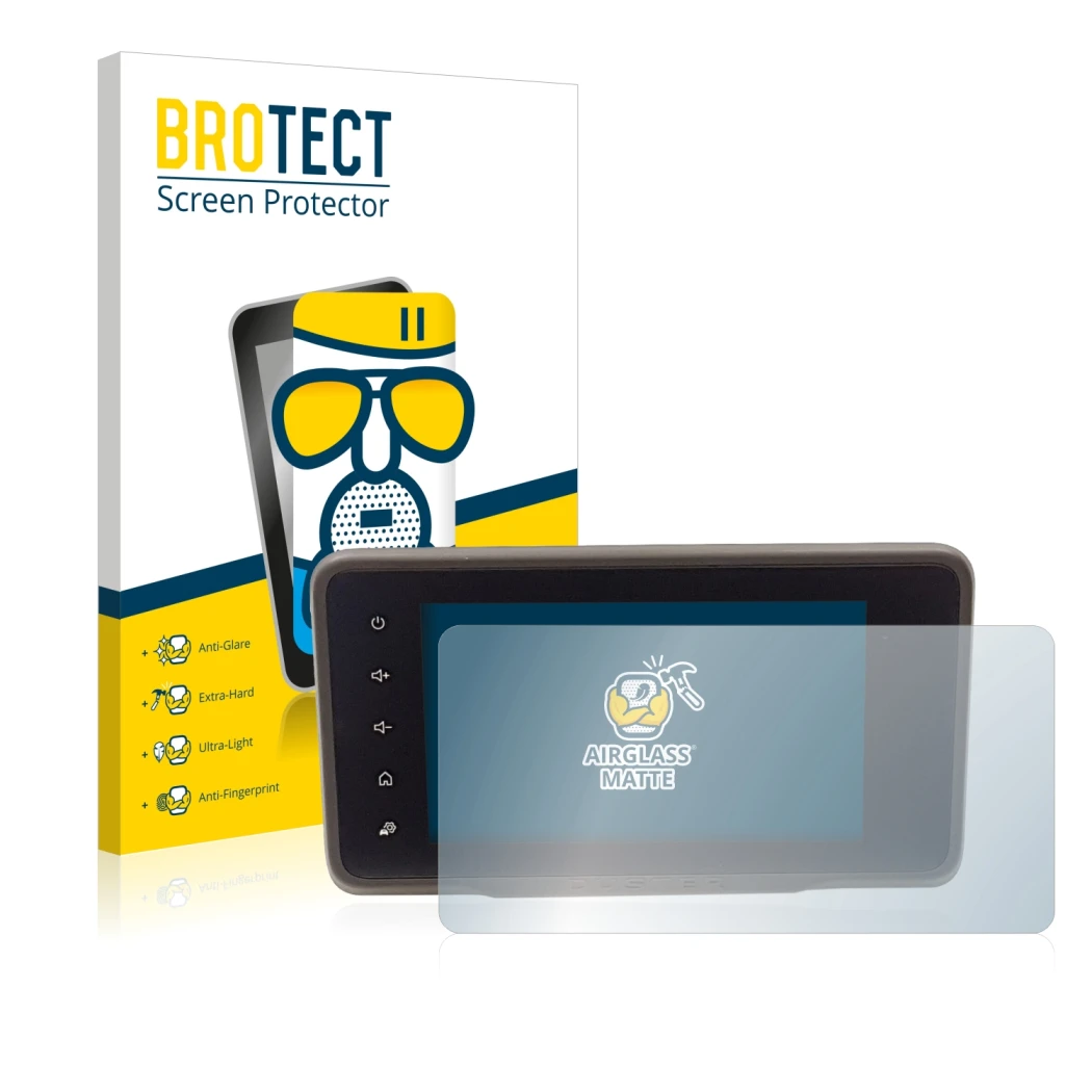 Parte frontale di una confezione del prodotto con il logo del marchio BROTECT. Accanto è raffigurato il dispositivo Dacia Dust