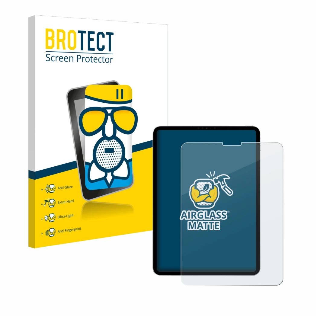 Parte frontale di una confezione del prodotto con il logo del marchio BROTECT. Accanto è raffigurato il dispositivo Apple iPad