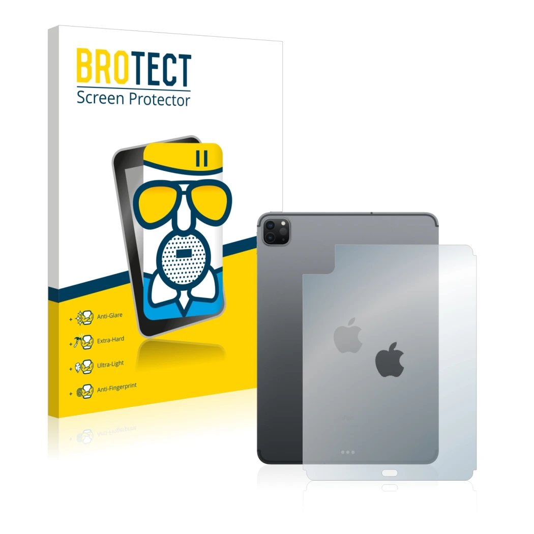 Parte frontale di una confezione del prodotto con il logo del marchio BROTECT. Accanto è raffigurato il dispositivo Apple iPad