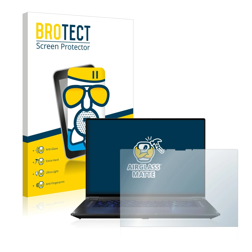 Parte frontale di una confezione del prodotto con il logo del marchio BROTECT. Accanto è raffigurato il dispositivo ASUS ROG F