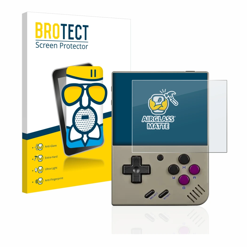 Parte frontale di una confezione del prodotto con il logo del marchio BROTECT. Accanto è raffigurato il dispositivo Miyoo Mini