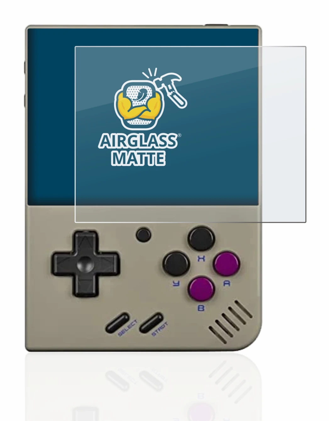 Immagine del dispositivo Miyoo Mini Plus con un'ampia varietà di protezioni per lo schermo.