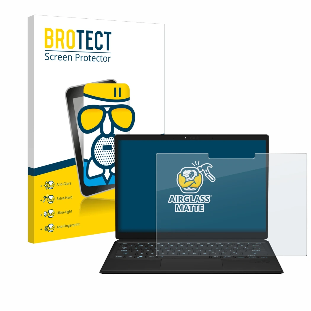 Parte frontale di una confezione del prodotto con il logo del marchio BROTECT. Accanto è raffigurato il dispositivo ASUS ROG F