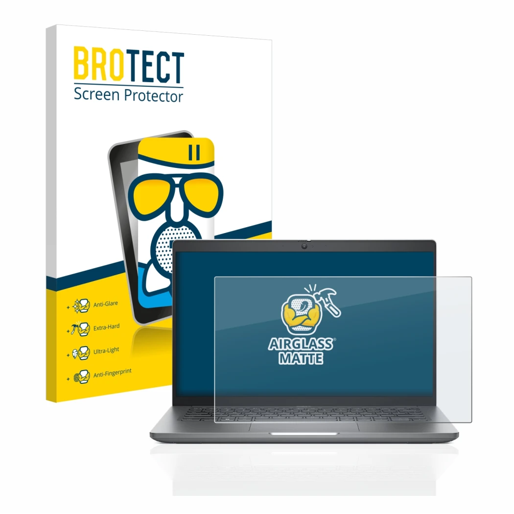 Parte frontale di una confezione del prodotto con il logo del marchio BROTECT. Accanto è raffigurato il dispositivo Dell Latit