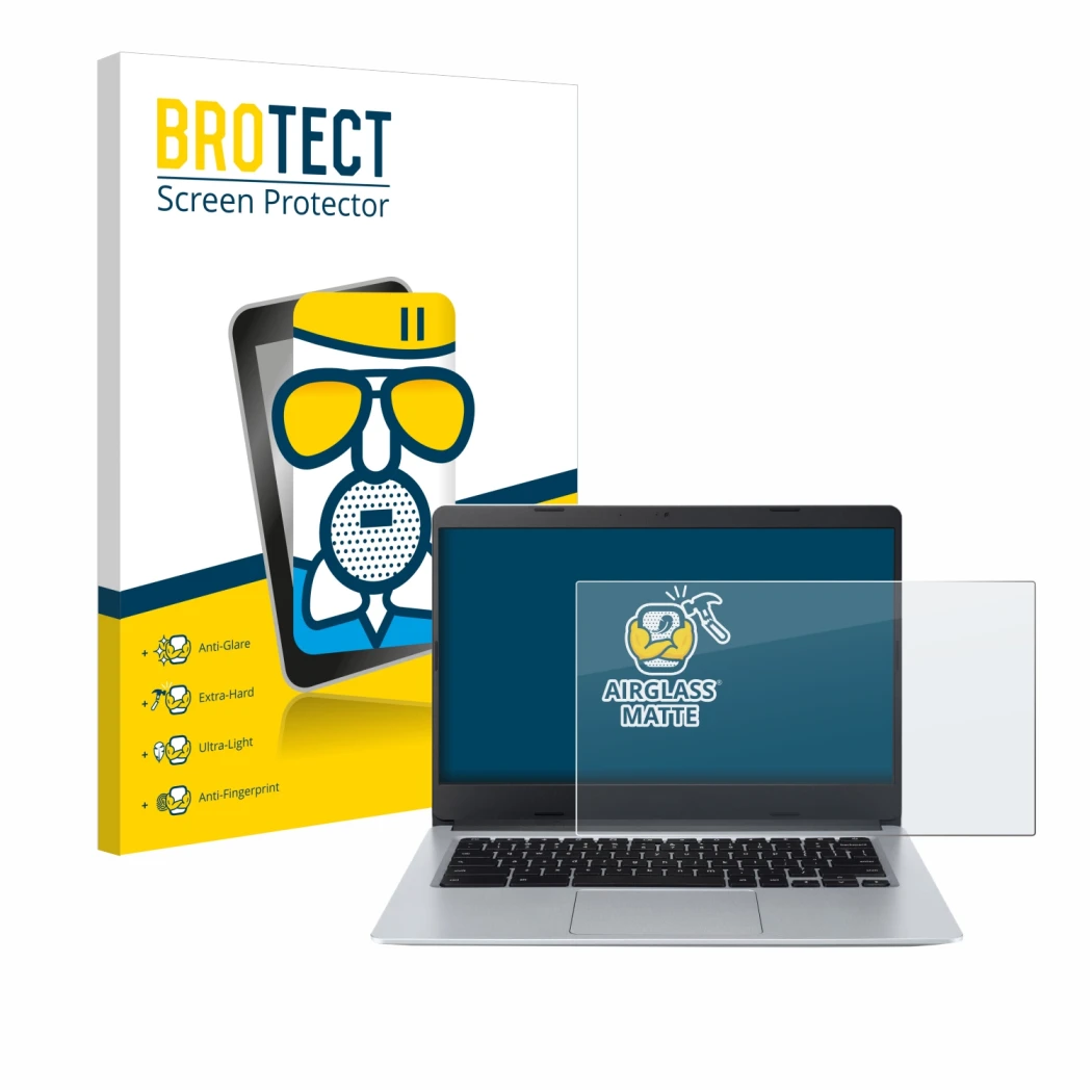 Parte frontale di una confezione del prodotto con il logo del marchio BROTECT. Accanto è raffigurato il dispositivo Acer Chrom