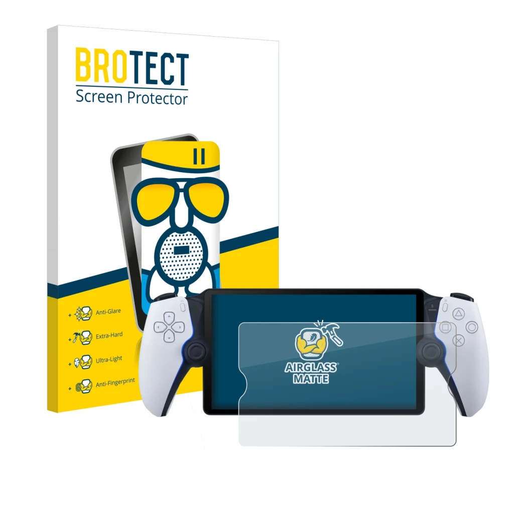 Parte frontale di una confezione del prodotto con il logo del marchio BROTECT. Accanto è raffigurato il dispositivo Sony Plays