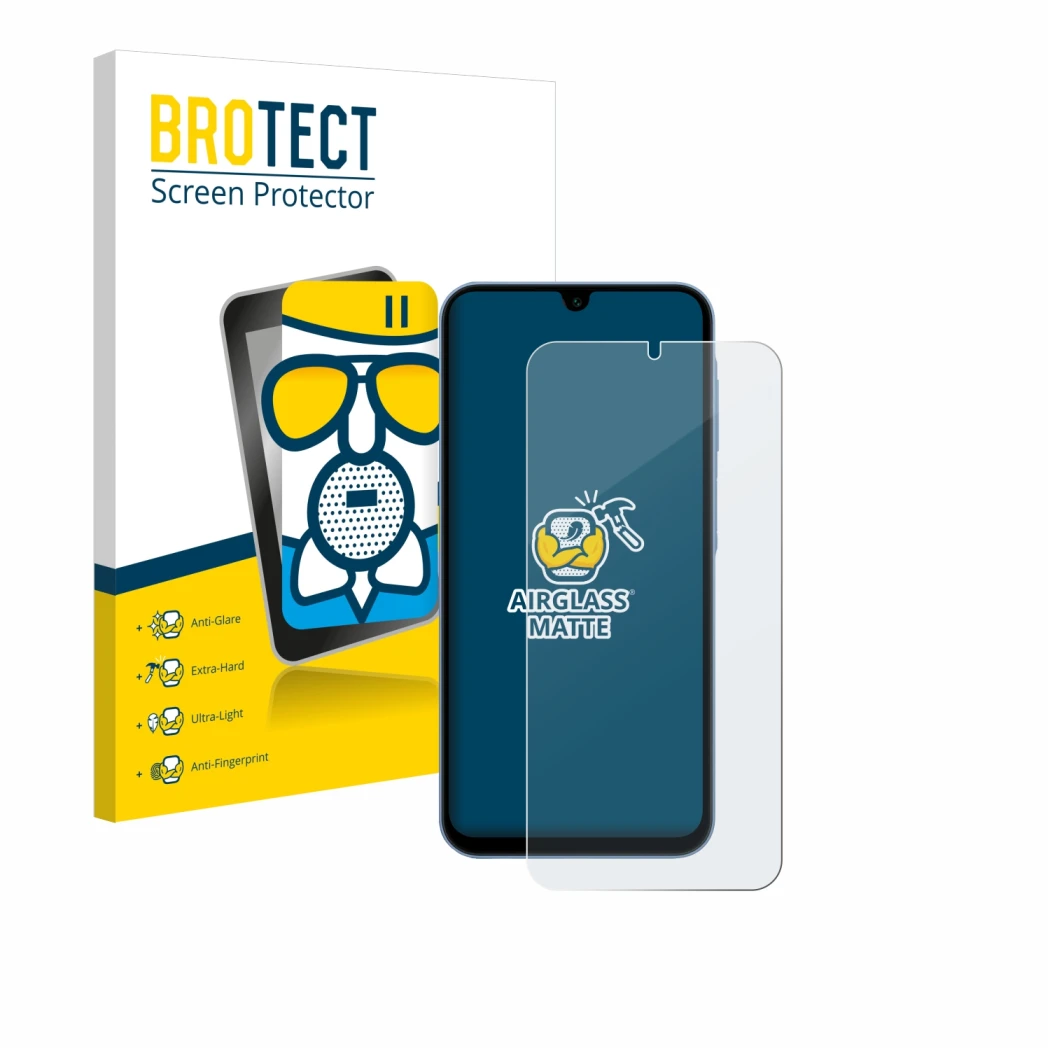 Parte frontale di una confezione del prodotto con il logo del marchio BROTECT. Accanto è raffigurato il dispositivo Samsung Ga