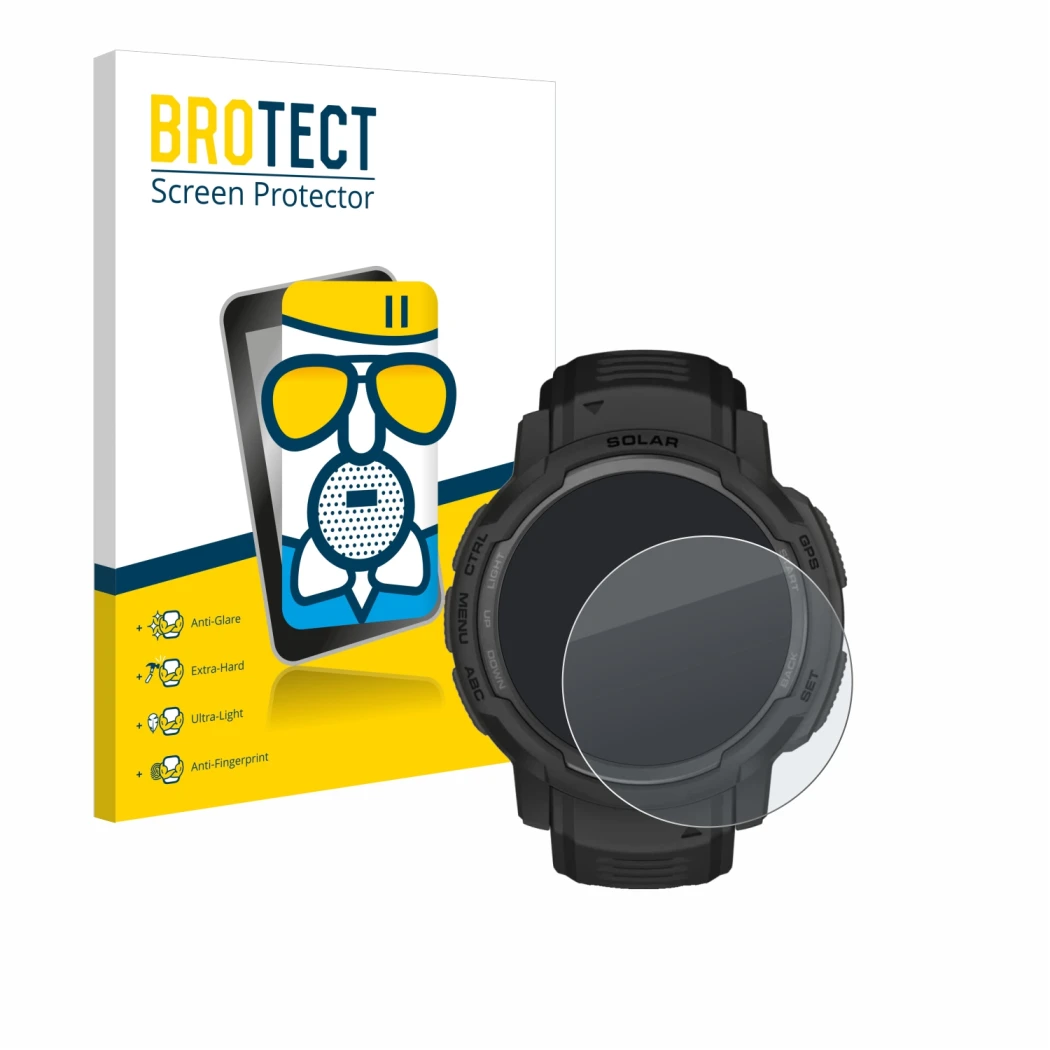 Parte frontale di una confezione del prodotto con il logo del marchio BROTECT. Accanto è raffigurato il dispositivo Garmin Ins