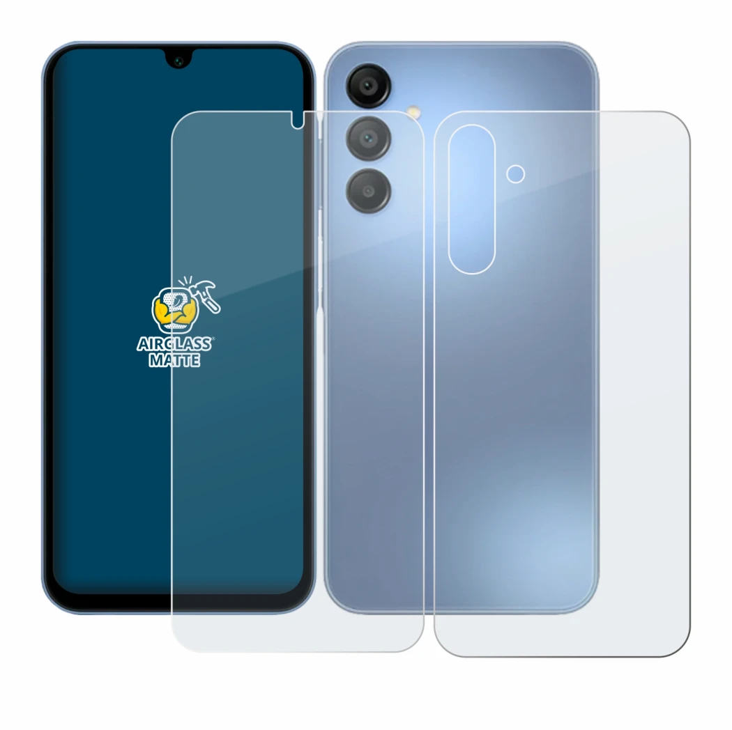 Immagine del dispositivo Samsung Galaxy A15 (Fronte+Retro) con un'ampia varietà di protezioni per lo schermo.