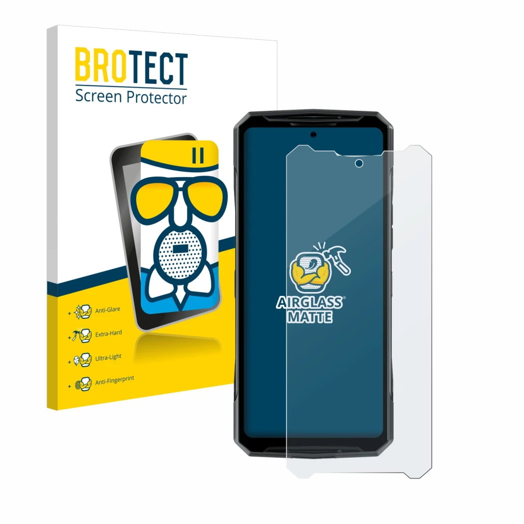 Parte frontale di una confezione del prodotto con il logo del marchio BROTECT. Accanto è raffigurato il dispositivo Doogee DK1