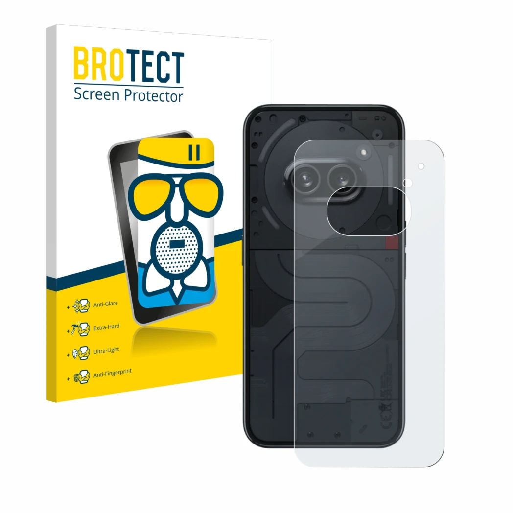 Parte frontale di una confezione del prodotto con il logo del marchio BROTECT. Accanto è raffigurato il dispositivo Nothing Ph