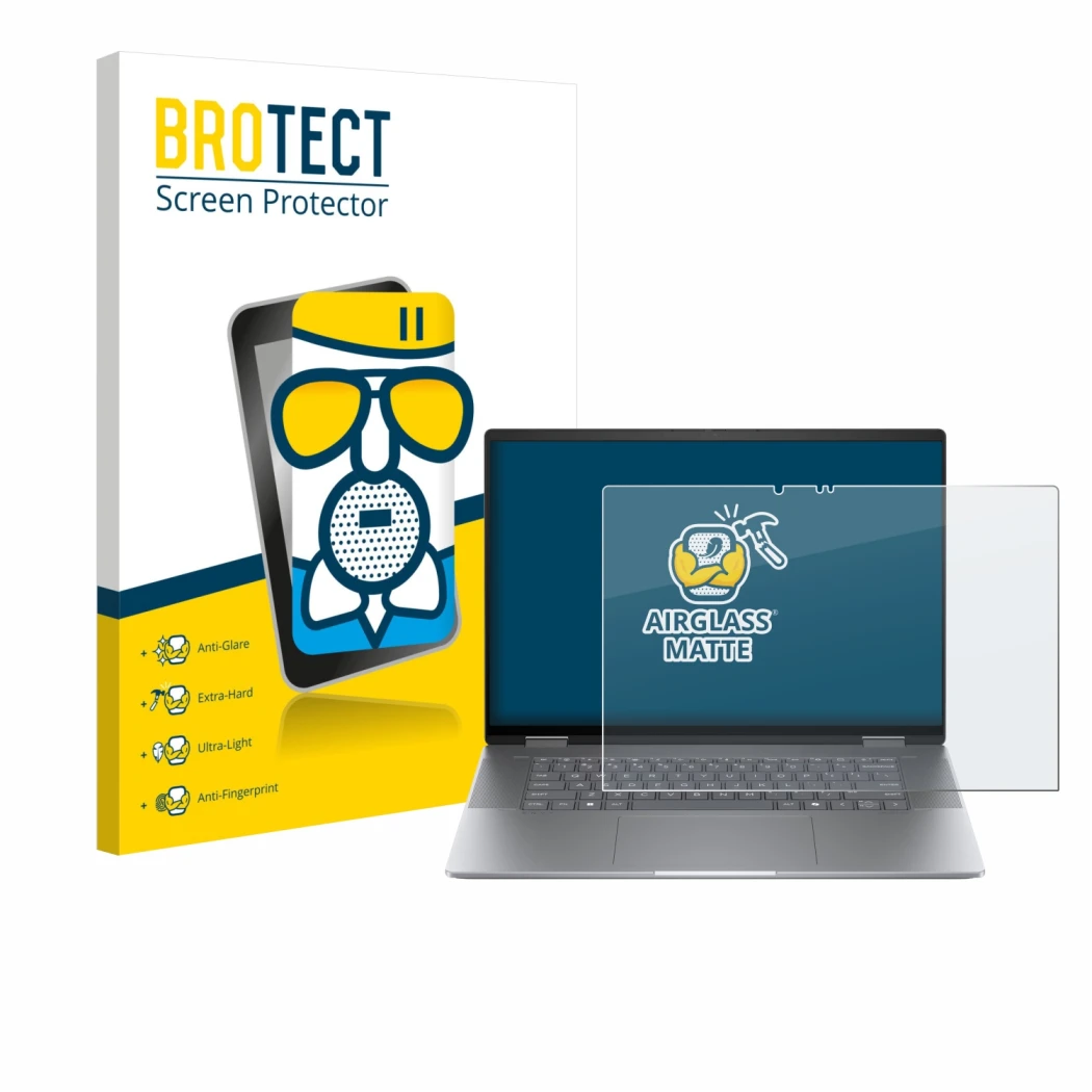 Parte frontale di una confezione del prodotto con il logo del marchio BROTECT. Accanto è raffigurato il dispositivo HP Envy x3