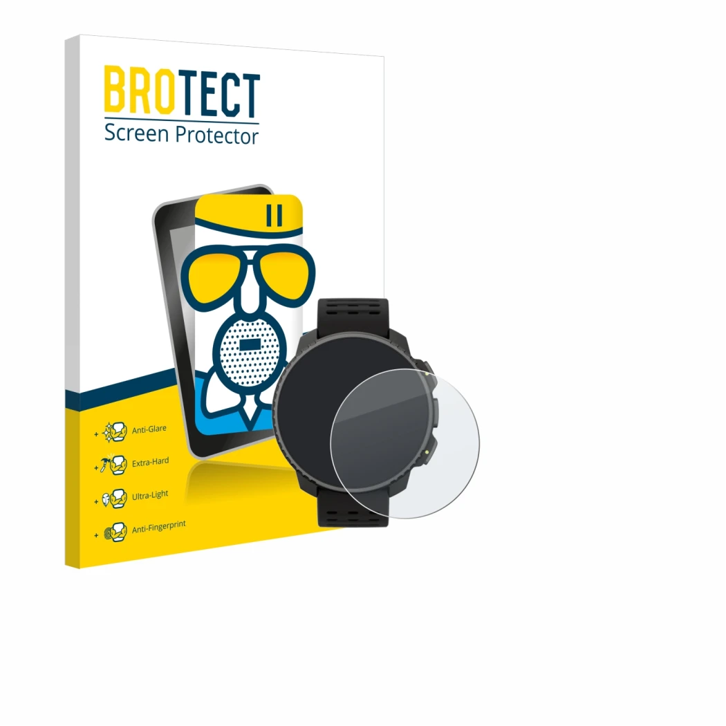 Parte frontale di una confezione del prodotto con il logo del marchio BROTECT. Accanto è raffigurato il dispositivo Suunto Ver