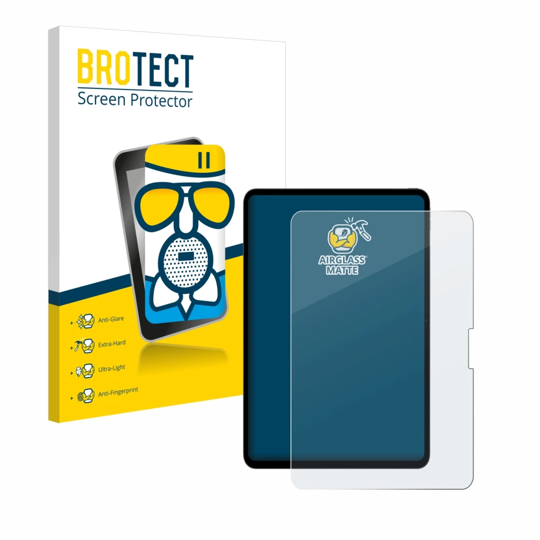 Parte frontale di una confezione del prodotto con il logo del marchio BROTECT. Accanto è raffigurato il dispositivo Apple iPad