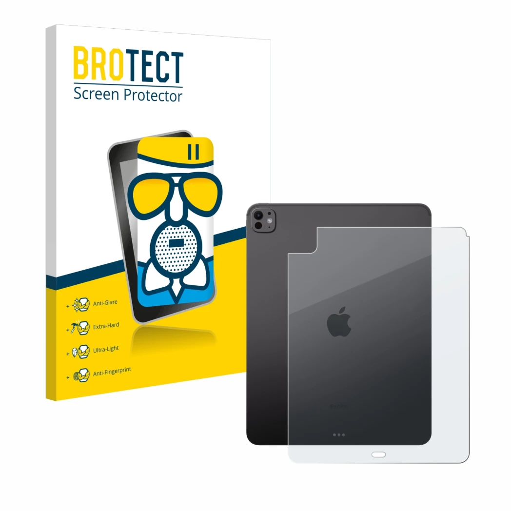 Parte frontale di una confezione del prodotto con il logo del marchio BROTECT. Accanto è raffigurato il dispositivo Apple iPad