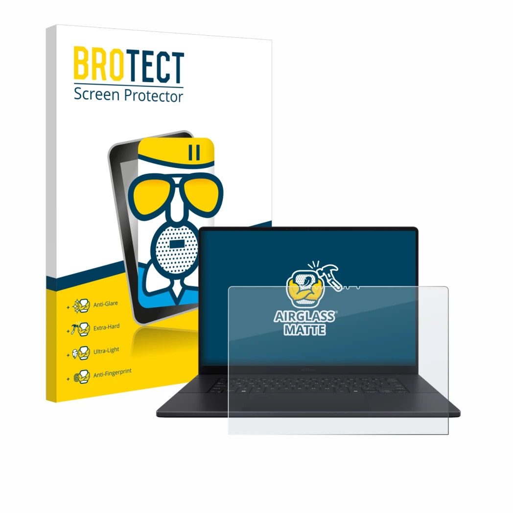 Parte frontale di una confezione del prodotto con il logo del marchio BROTECT. Accanto è raffigurato il dispositivo ASUS ProAr