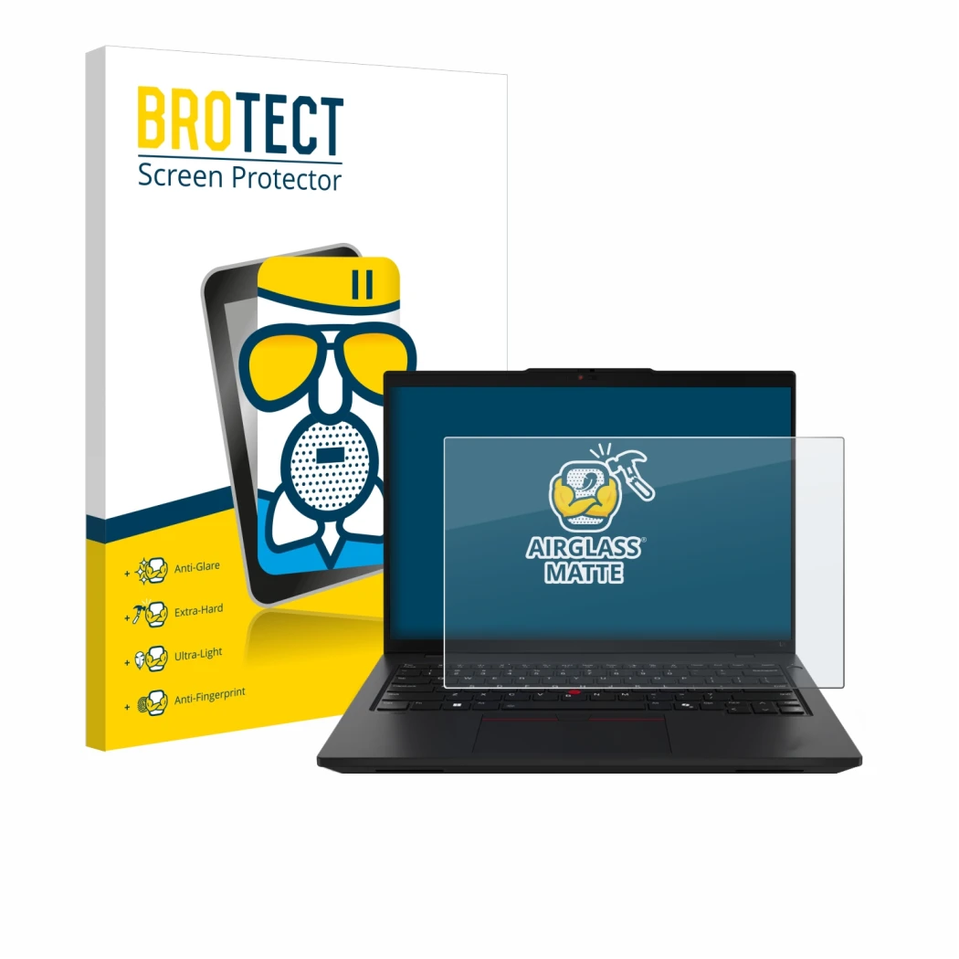 Parte frontale di una confezione del prodotto con il logo del marchio BROTECT. Accanto è raffigurato il dispositivo Lenovo Thi