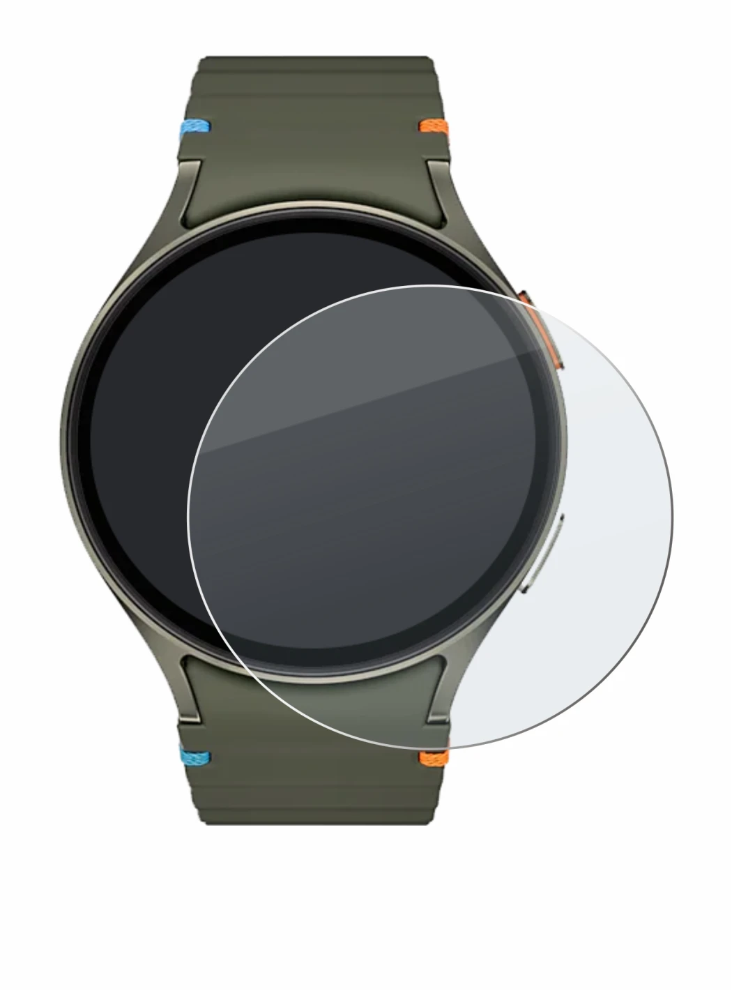 Immagine del dispositivo Samsung Galaxy Watch 7 (44 mm) con un'ampia varietà di protezioni per lo schermo.
