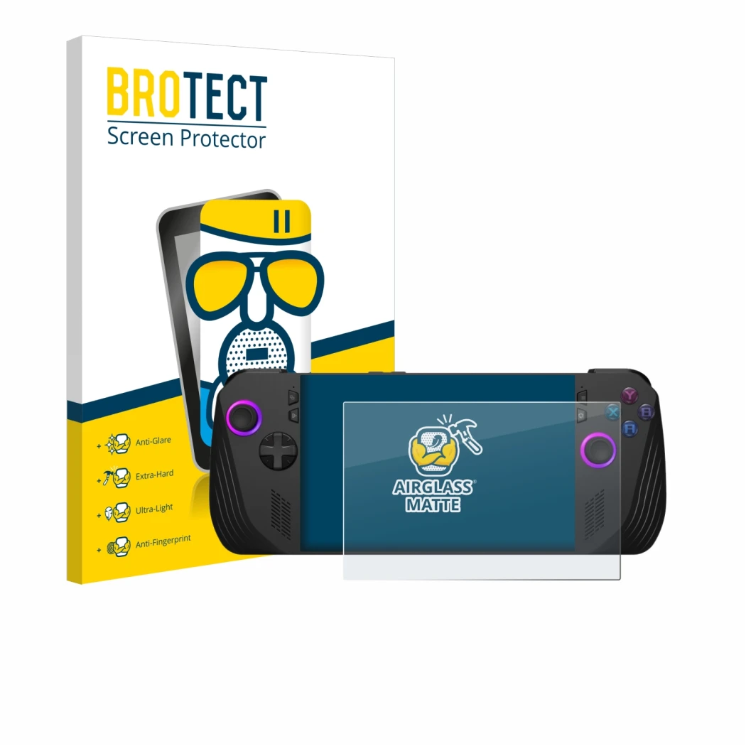 Parte frontale di una confezione del prodotto con il logo del marchio BROTECT. Accanto è raffigurato il dispositivo ASUS ROG A