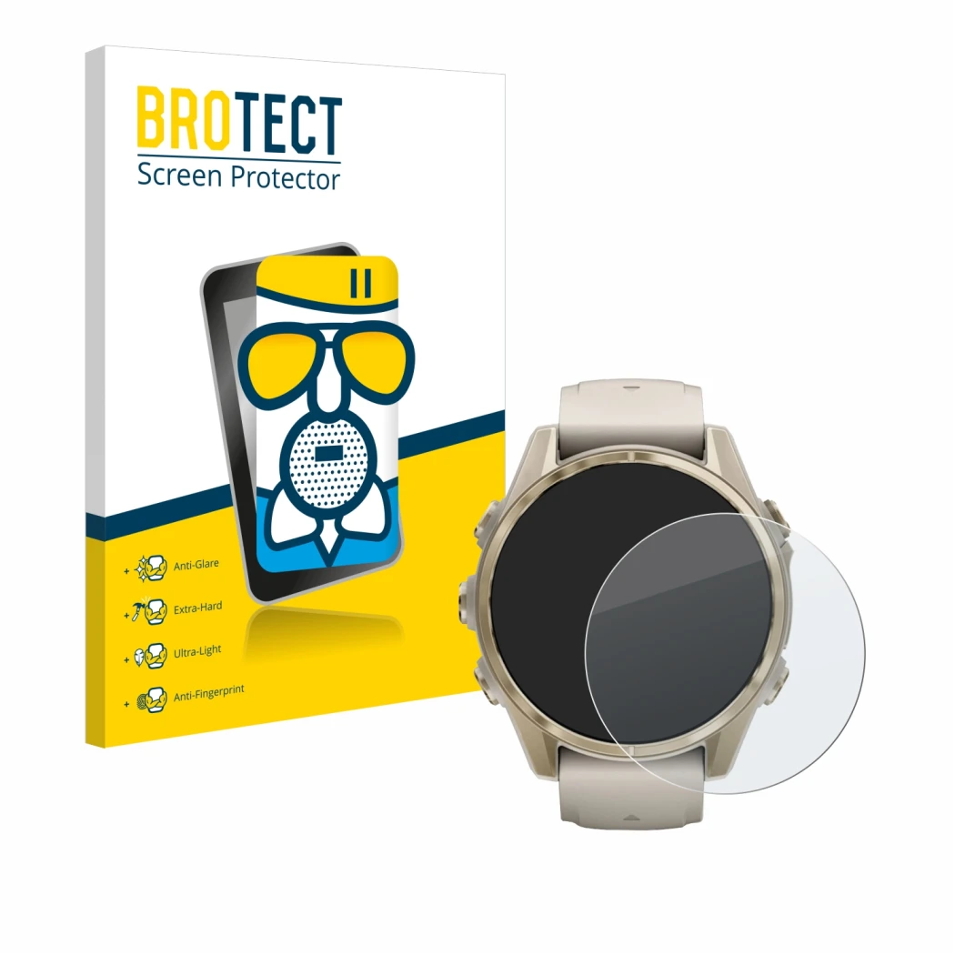 Parte frontale di una confezione del prodotto con il logo del marchio BROTECT. Accanto è raffigurato il dispositivo Garmin Fen