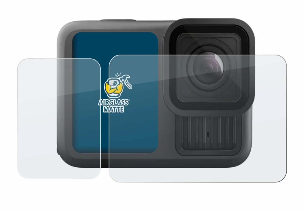 Immagine del dispositivo GoPro Hero 13 Black con un'ampia varietà di protezioni per lo schermo.