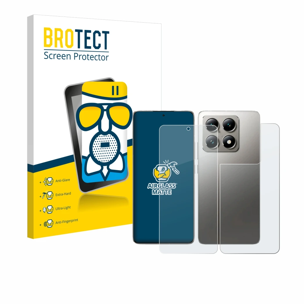 Parte frontale di una confezione del prodotto con il logo del marchio BROTECT. Accanto è raffigurato il dispositivo Xiaomi 14T