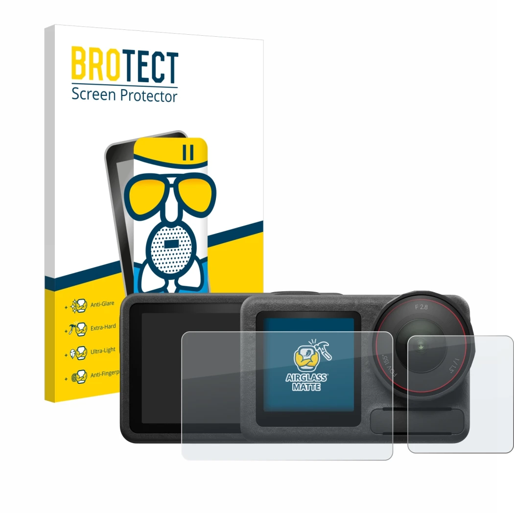 Parte frontale di una confezione del prodotto con il logo del marchio BROTECT. Accanto è raffigurato il dispositivo DJI Osmo A