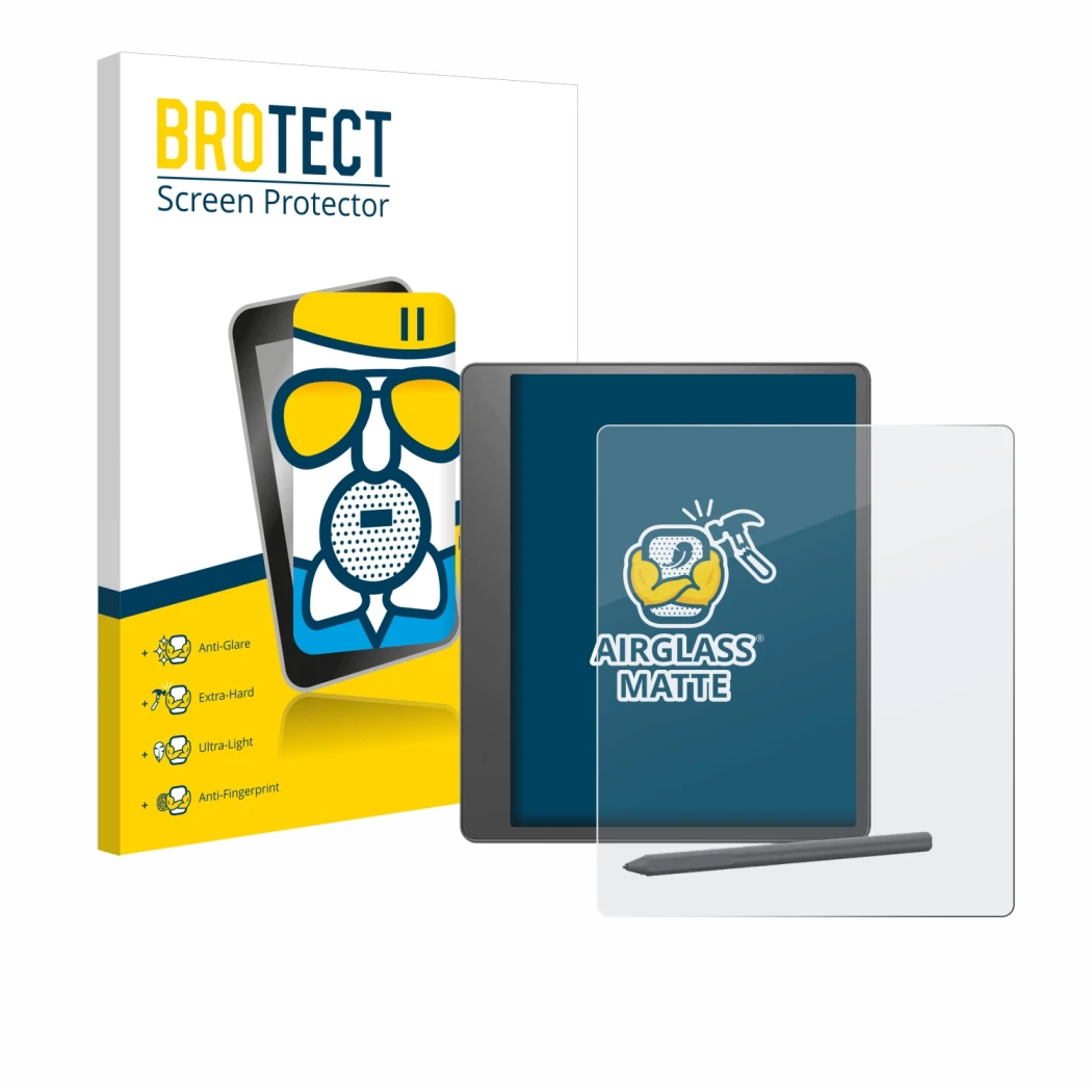 Parte frontale di una confezione del prodotto con il logo del marchio BROTECT. Accanto è raffigurato il dispositivo Amazon Kin